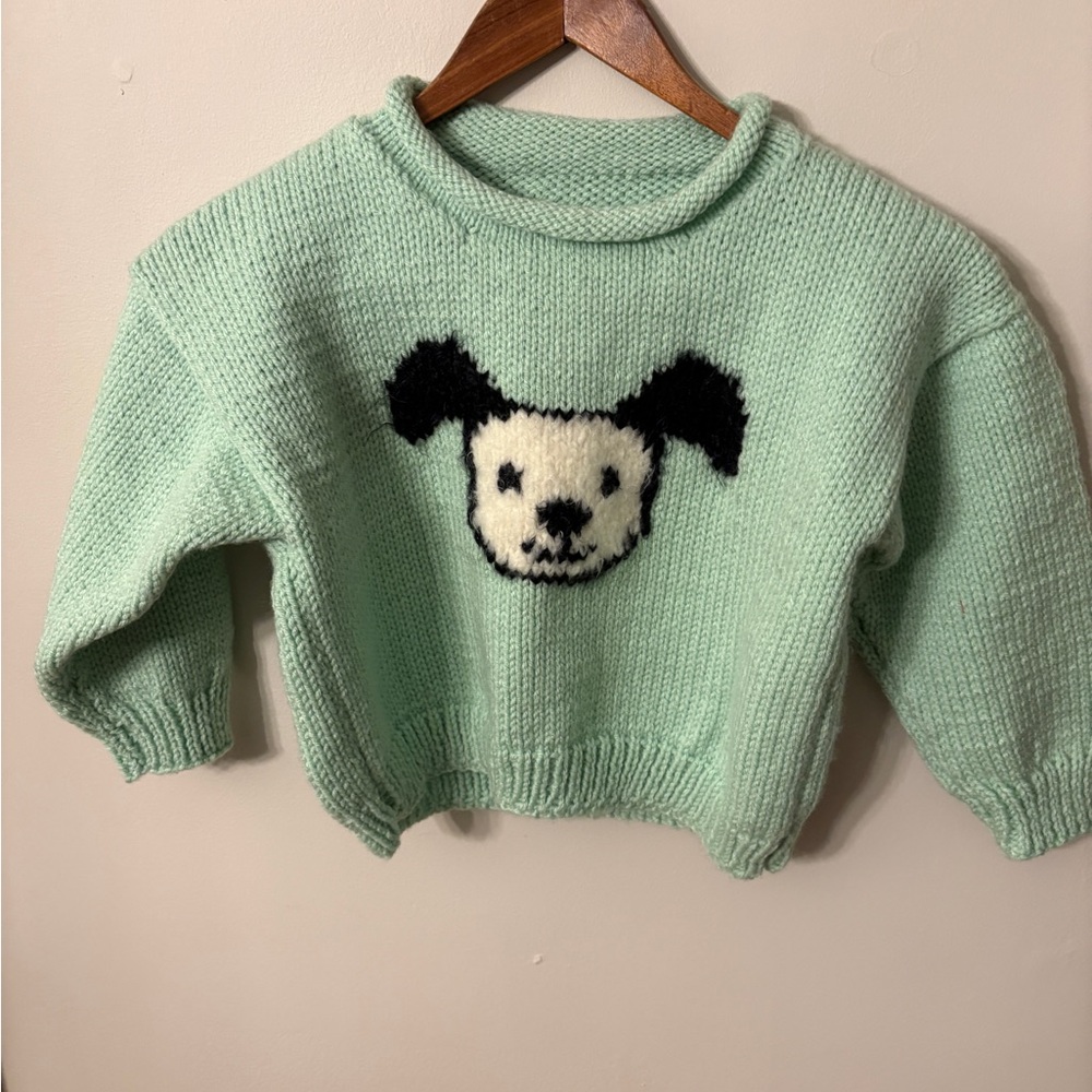 New Hand Knit Mint Green Sweater with Dog Design Never Worn
